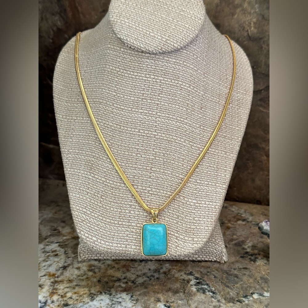 Gold Herringbone Turquoise Pendant Necklace - Picture 2 of 8